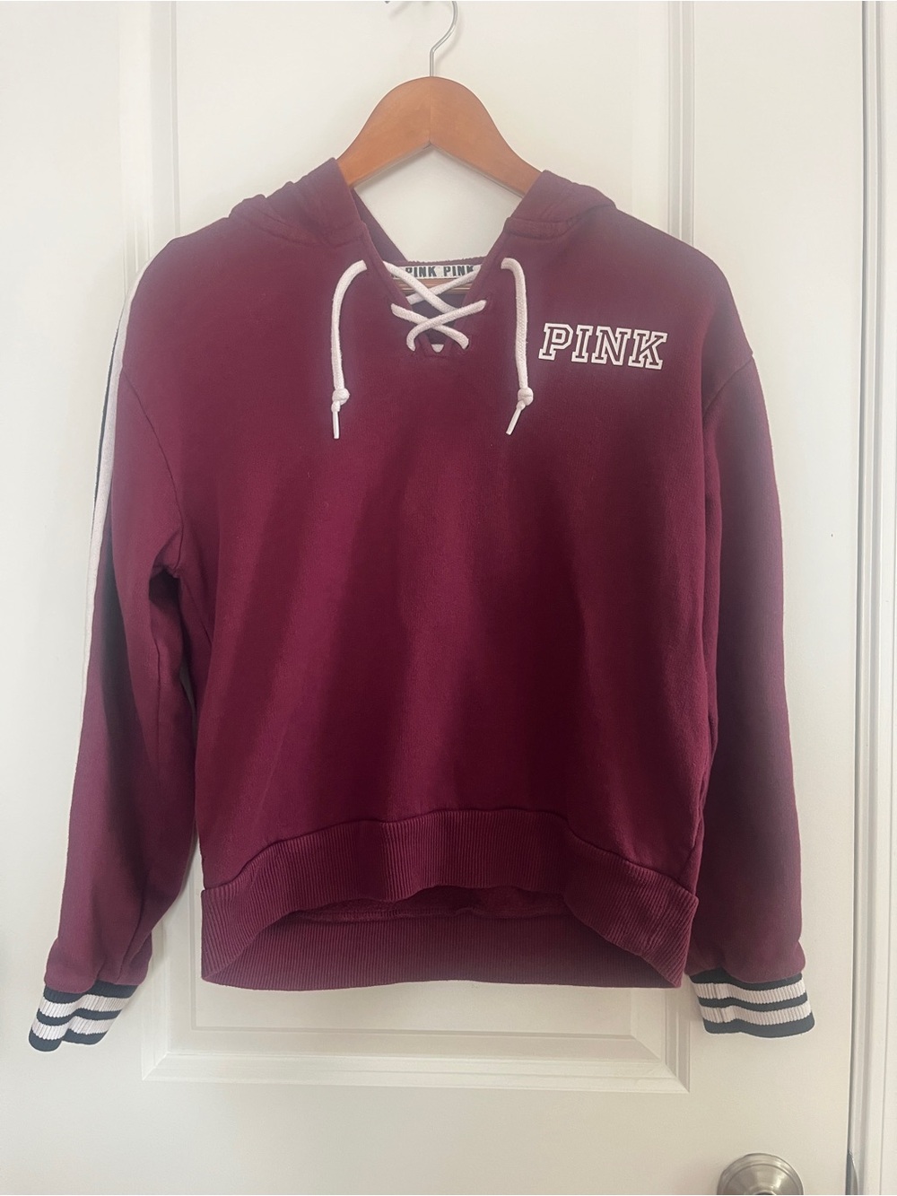 PINK Victoria's Secret Maroon Lace-Up Hoodie with White Accents